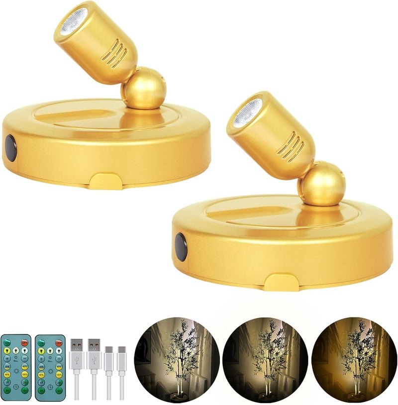 HAMVIDNE Rechargeable Indoor Spotlight, 3 Lighting Modes Battery Operated Spotlights with Remote, Picture Lights for Wall, Plant Tree Spotlight with Timer, Up Lights for Art Display Artwork-Gold - Image 1